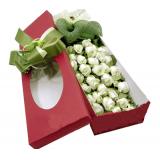 鲜花:玫瑰礼盒装 9朵红玫瑰+9颗巧克力+1只公仔，外围满天星绿叶