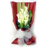 马蹄莲:22枝黄玫瑰点缀绿叶，粉色卷边纸圆形包装，绿色和红色丝带束扎。