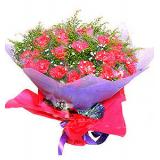 鲜花:33枝粉红色康乃馨，石竹梅或绿叶，纱网包装（此花需预定，并限送各大城市）