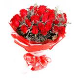 鲜花:红玫瑰33支，情人草丰满，红色手柔纸包装，红色丝带系结