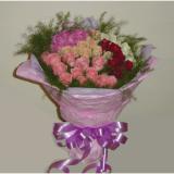鲜花:20枝红康乃馨,8枝粉玫瑰，2枝多头白百合，金鱼草，绿叶搭配，手提花篮