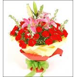 鲜花:19枝红玫瑰, 配情人草, 绿草，卷边纸圆形高档包装。