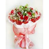 鲜花:6枝红色康乃馨、2枝多头白色香水百合，黄莺点缀、手柔纸单面包装。