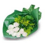 鲜花:12枝白玫瑰、勿忘我、黄莺，玻璃纸立体包装，丝带花装饰