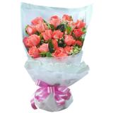 鲜花:19支彩玫瑰，绿叶托底。手揉纸多层单面包装，淡粉色丝带束扎（此花需提前预定，并限全国各主要城市）