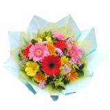 鲜花:太阳花3朵，红色康乃馨8朵，粉色康乃馨16朵，米兰，绿叶搭配。手提花篮一个，绿色丝带束扎