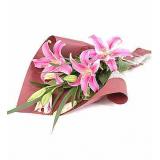 鲜花:粉色香水百合2支，绿叶，手柔纸包装 （特价鲜花，只送市区一级）