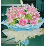 鲜花:1枝多头香水白百合,18枝红康乃馨,绿叶间插，白色玻璃纸,紫色绵纸圆形包装
