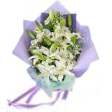 鲜花:6支多头白百合、+配花，浅紫色皱纹纸单面包装
