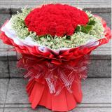 爱你一生一世:红色玫瑰19枝,幸福草搭配，绿叶间插,淡紫色皱纹纸单面包装