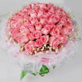66支粉玫瑰:黄玫瑰11枝，配花适量，黄莺点缀，绵纸圆形包装