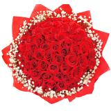 66支红玫瑰:粉玫瑰11枝，白色香水百合1枝，绿叶点缀；手柔纸扇形花束